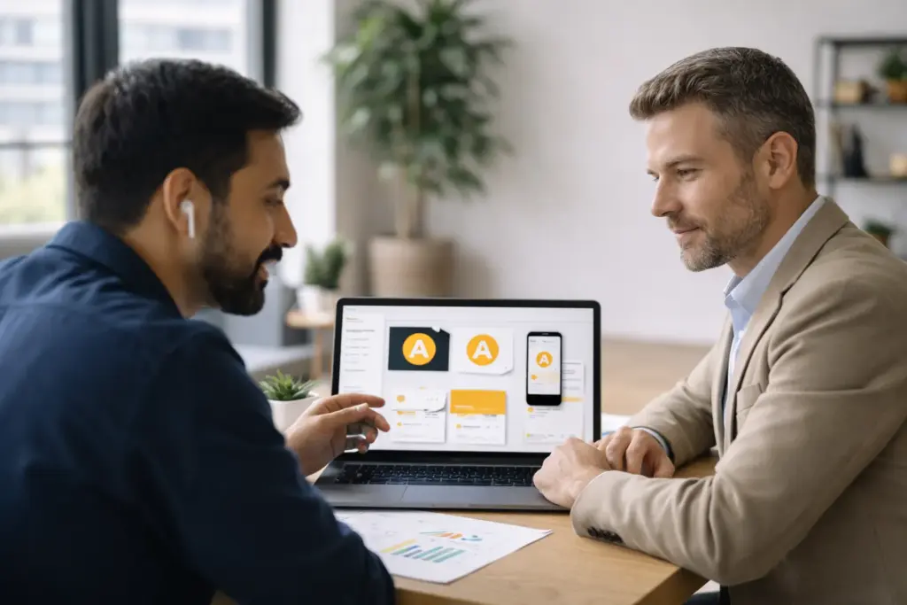 reviewing brand visuals in the office