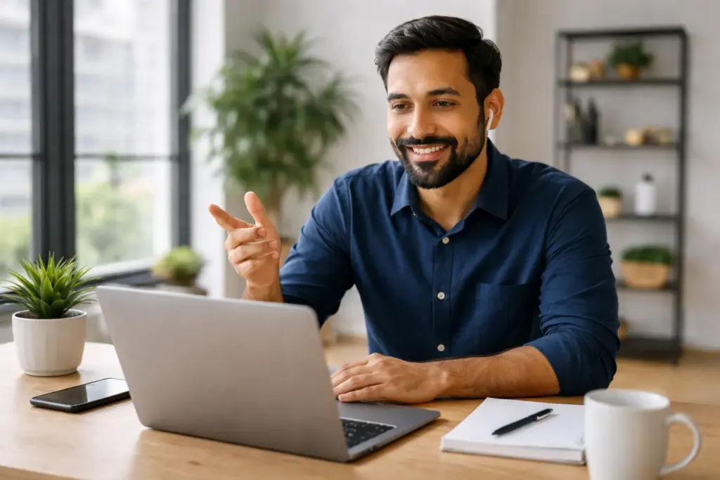 smiling consultant in modern home office