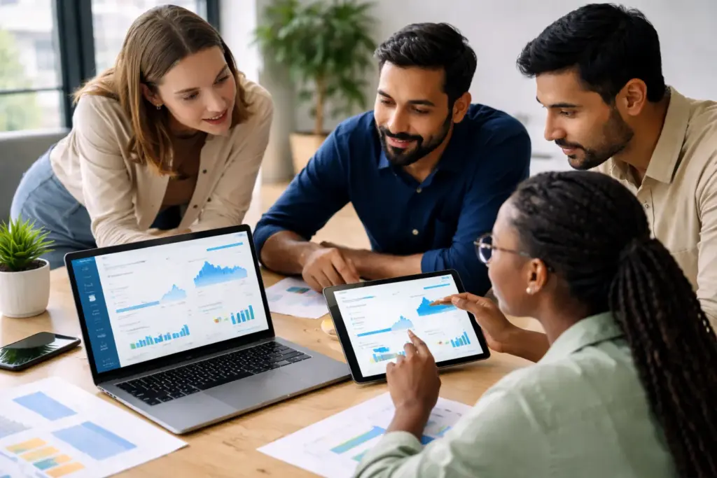 team analyzing website performance data