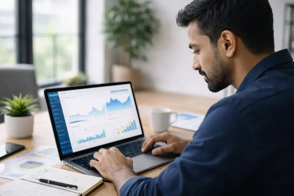 consultant reviewing data analytics